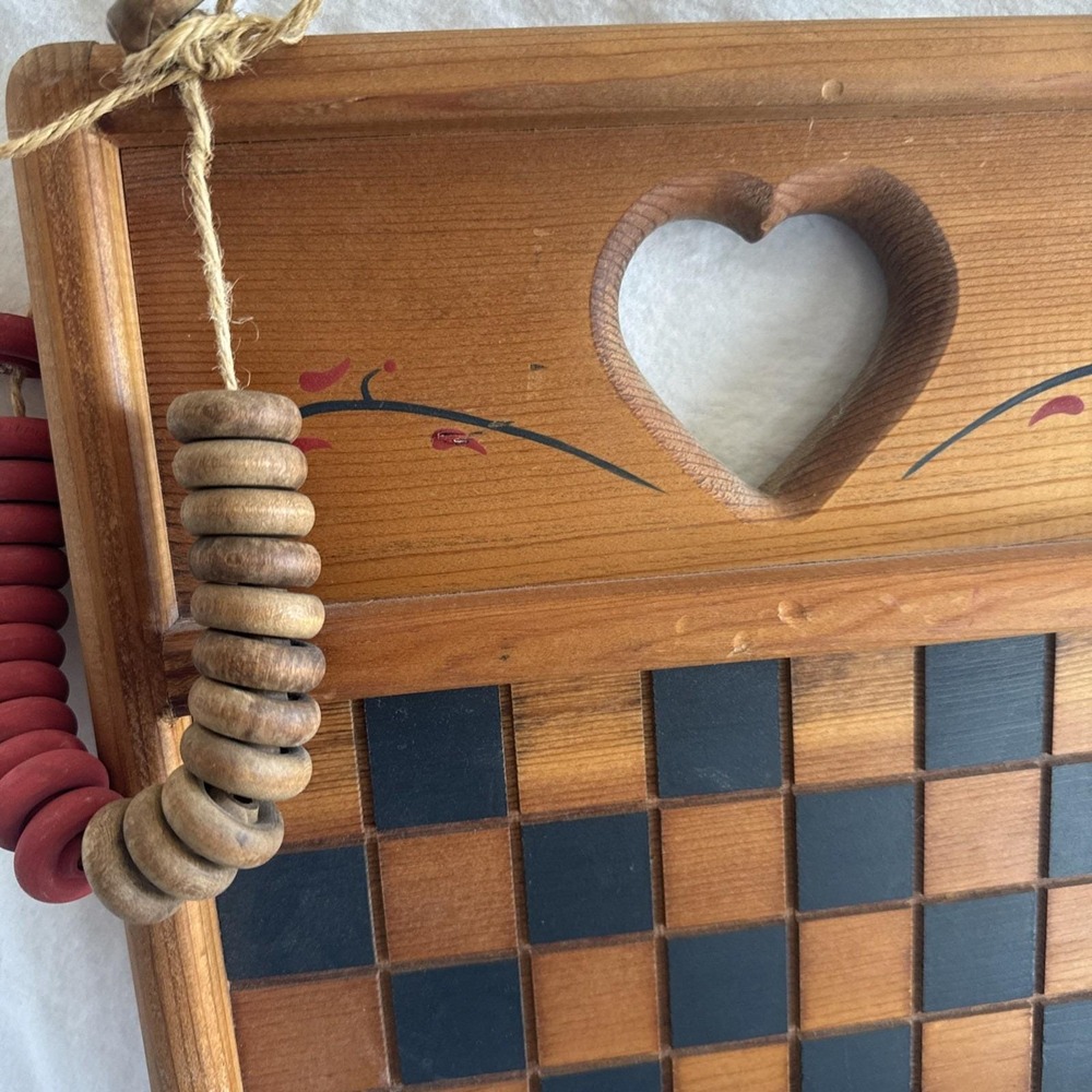 Vintage Cottagecore Wood Checker Board Tray 22x12.5" Blue Red Heart Design Cabin - Picture 2 of 6